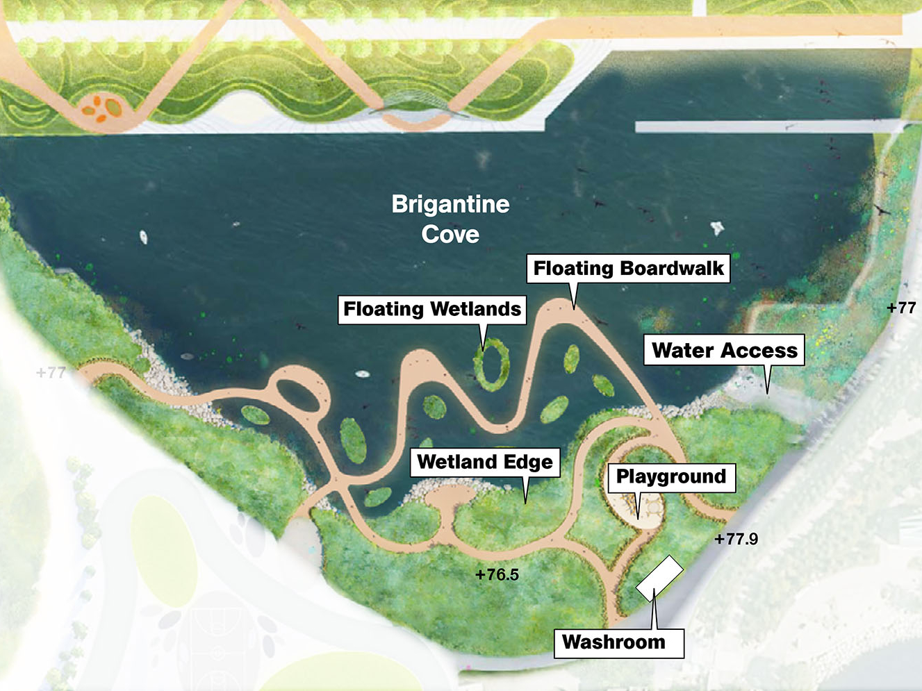 Brigantine cove showing floating boardwalks, floating wetlands, a wetland edge, water access to the east, and a small playground. 