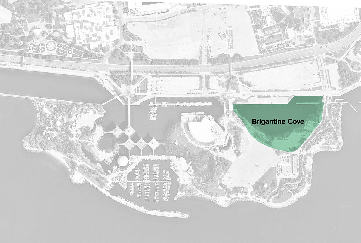 Aerial image of Ontario Place with Brigantine Cove highlighted 