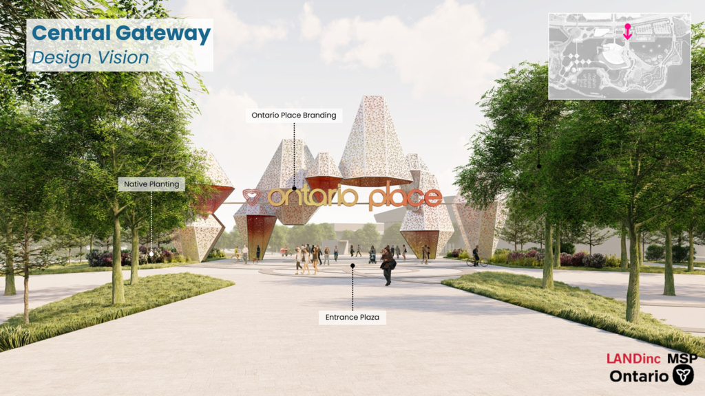 Rendering of an entrance way with a pavilion-like gateway feature and an Ontario Place sign. 