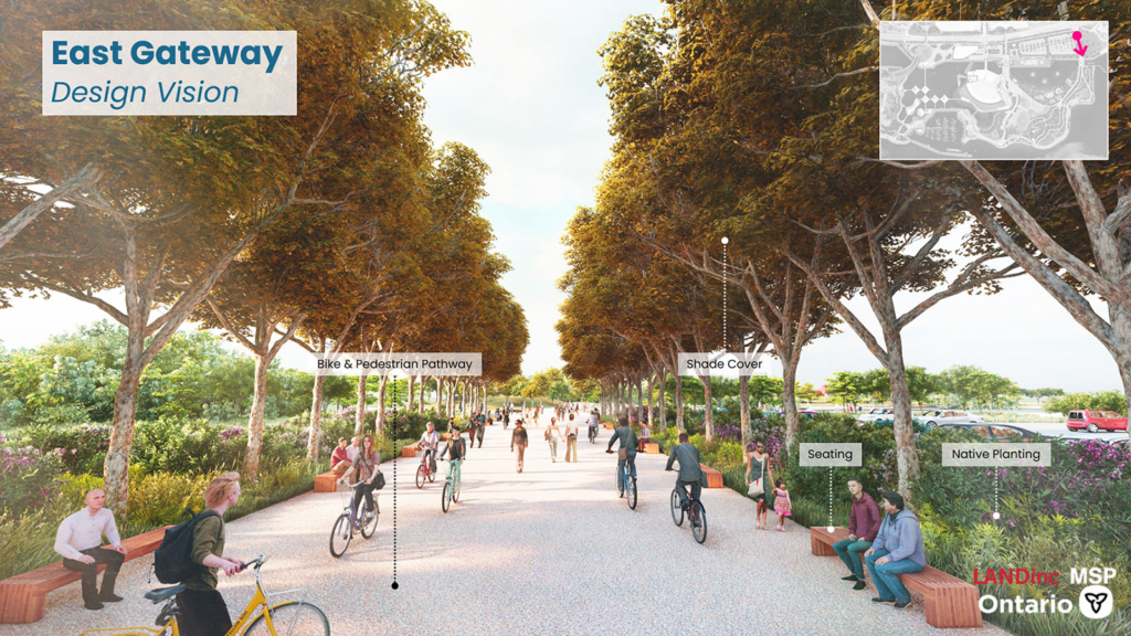 Rendering of a pike and pedestrian pathway lined by seating and trees and other planting. 