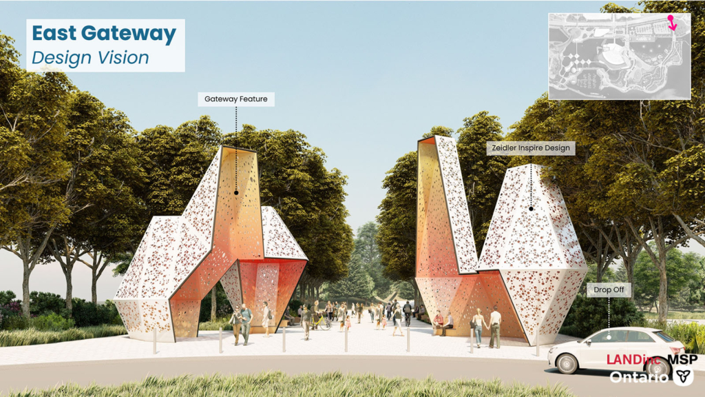 Rendering of a gateway feature inspired by the original Zeidler designed pavilions. 