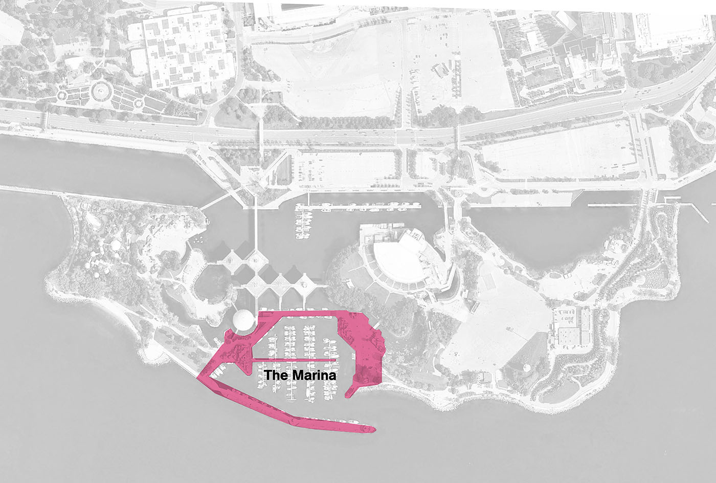 Aerial image of Ontario Place with the Marina highlighted 