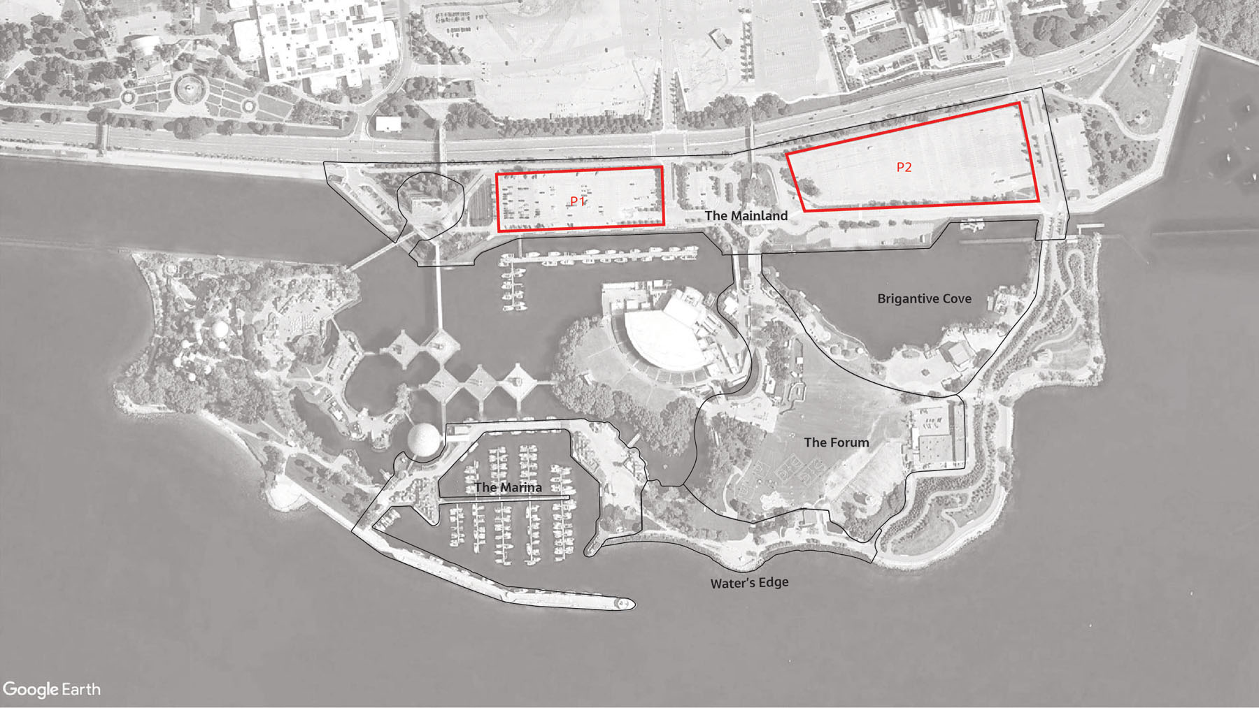 Site map of Ontario Place showing the two existing parking lots on the Mainland