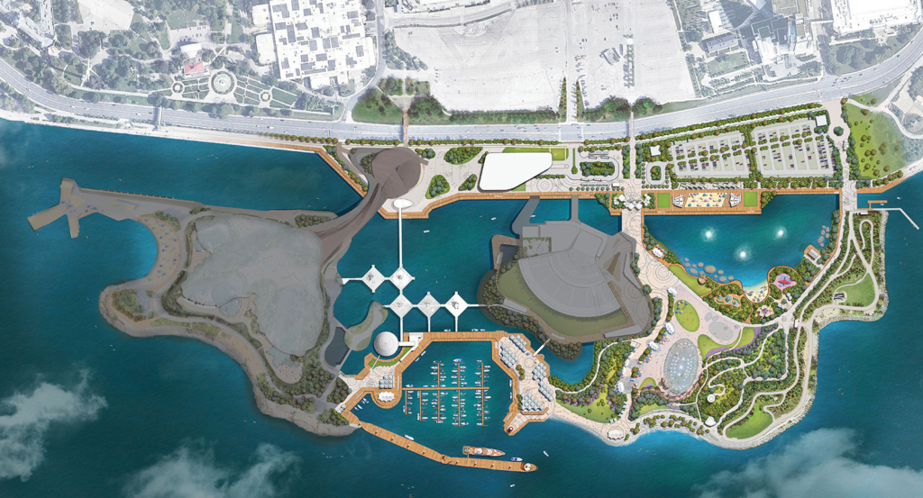 Vue aérienne d’un rendu de l’aménagement du domaine public recommandé, les zones ombragées représentant Therme et Live Nation. 