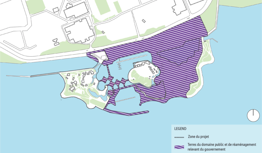 Plan de la Place de l’Ontario montrant la zone soumise à l’EE de catégorie C surlignée en jaune et une ligne pointillée montrant l’ensemble de la zone de réaménagement ou de projet. 