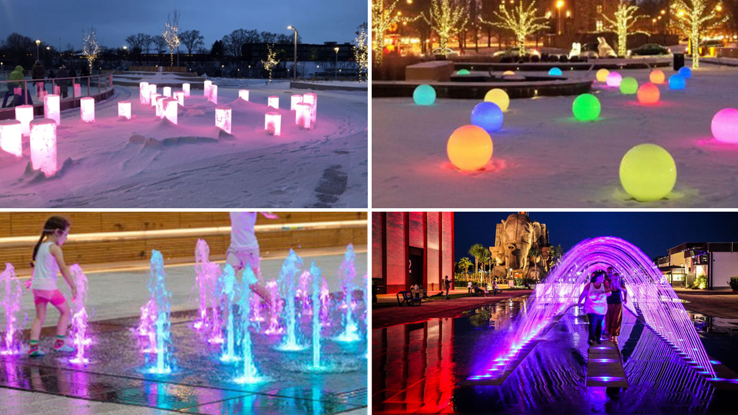 Light and water features along a paved surface 