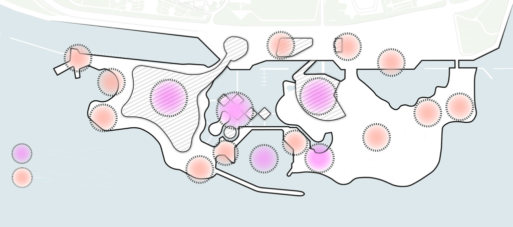 Carte de la Place de l’Ontario montrant divers cercles illustrant l’emplacement potentiel des partenaires de programmation et des zones d’activité. 