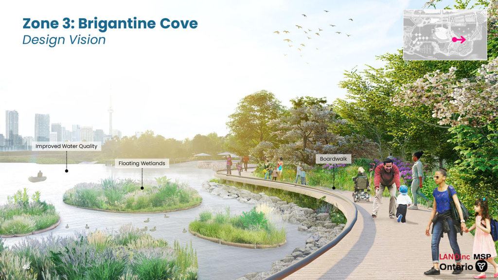 Rendering of a boardwalk along the water with wetland planting. 
