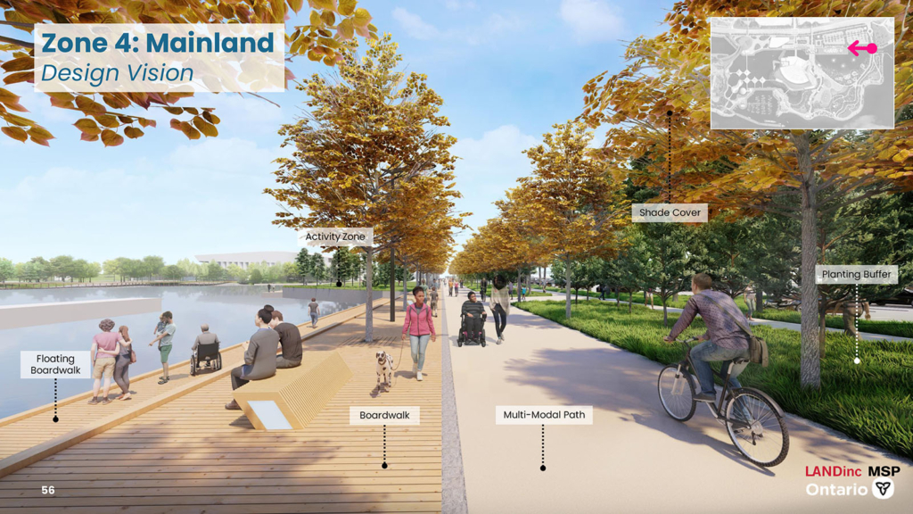 Rendering of a bike path between a shoreline boardwalk path and trees and planting.