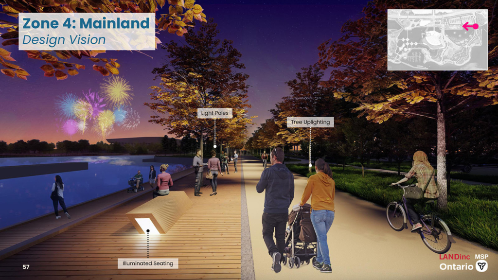 Rendering of a bike path between a shoreline boardwalk path and trees and planting at night. 