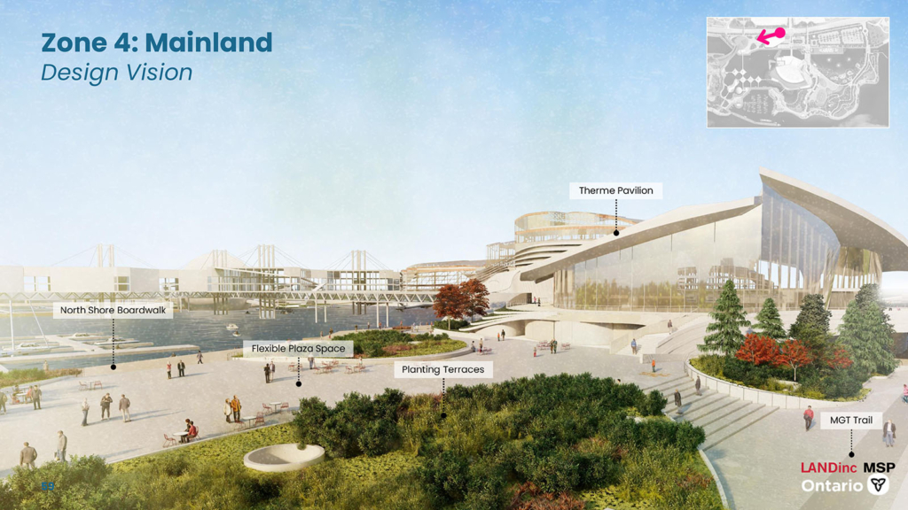 Rendering of the mainland showing the Therme Pavilion, a boardwalk, planting terraces, a plaza and the Martin Goodman trail. 