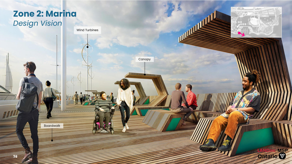 Rendering of a boardwalk with shaded seating along the side and windmills in the background. 