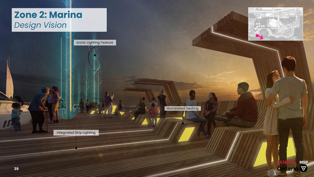 Rendering of a boardwalk at night with seating along the side and light features.  