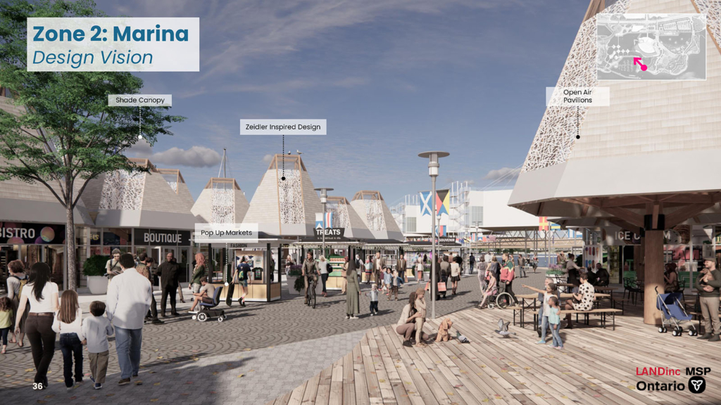 Rendering of a paved pathway between pavilions, canopies and market stalls 