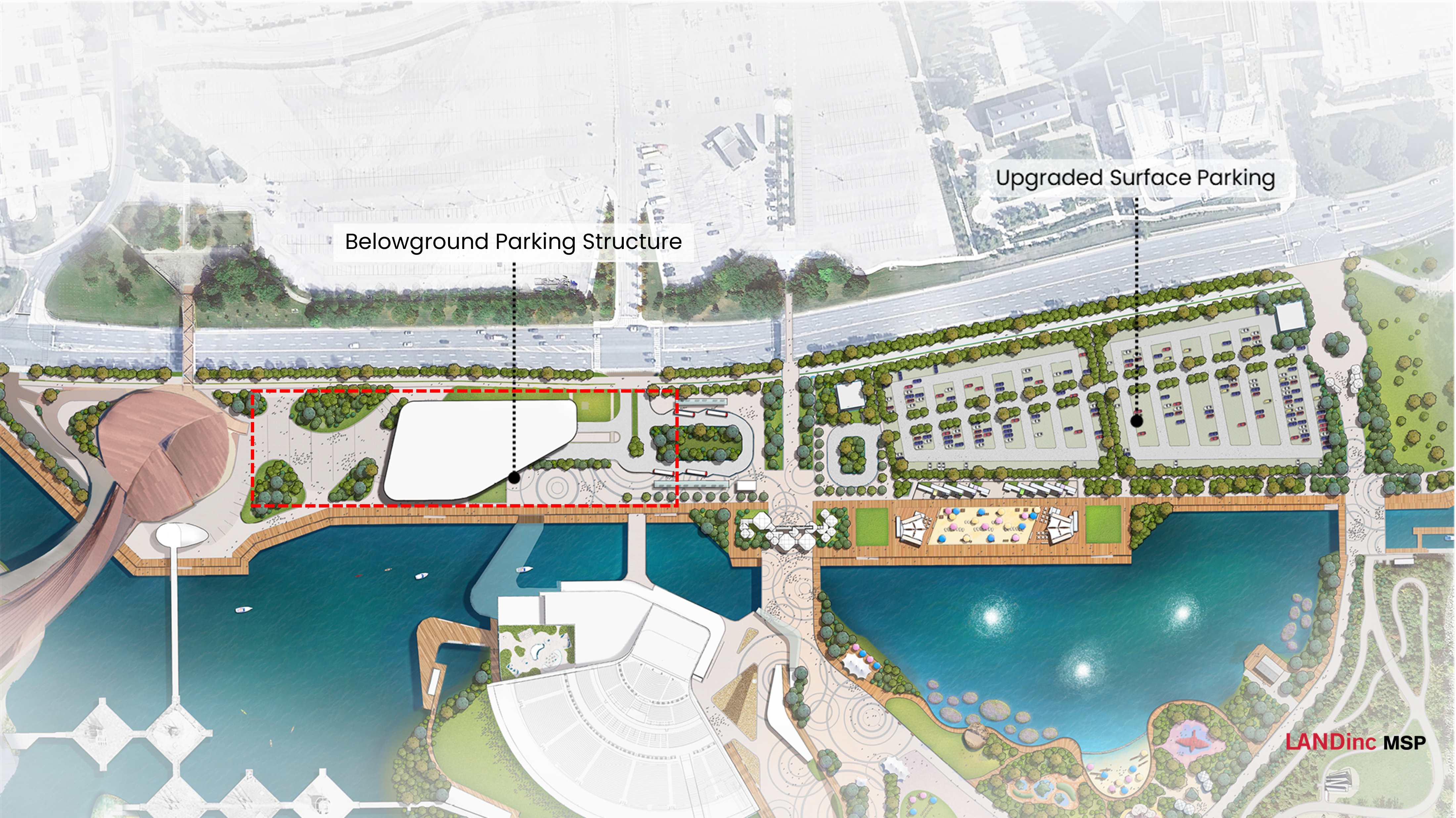 Rendering of the Mainland of Ontario Place showing underground parking to the west and an upgraded surface parking lot to the east