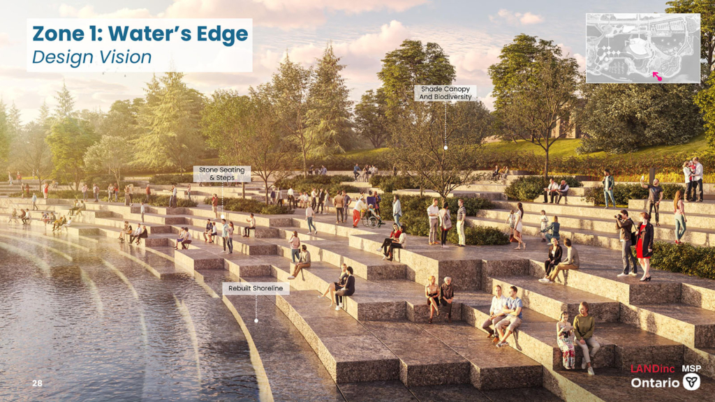Rendering of large stone steps and platforms leading down to the water  