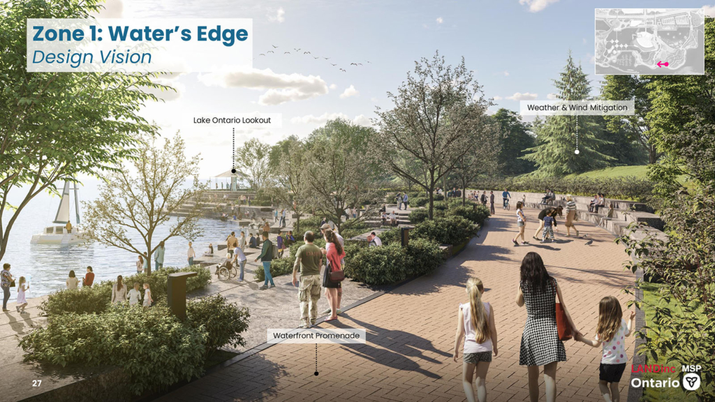 Rendering of a wide pathway along the water surrounded by trees 