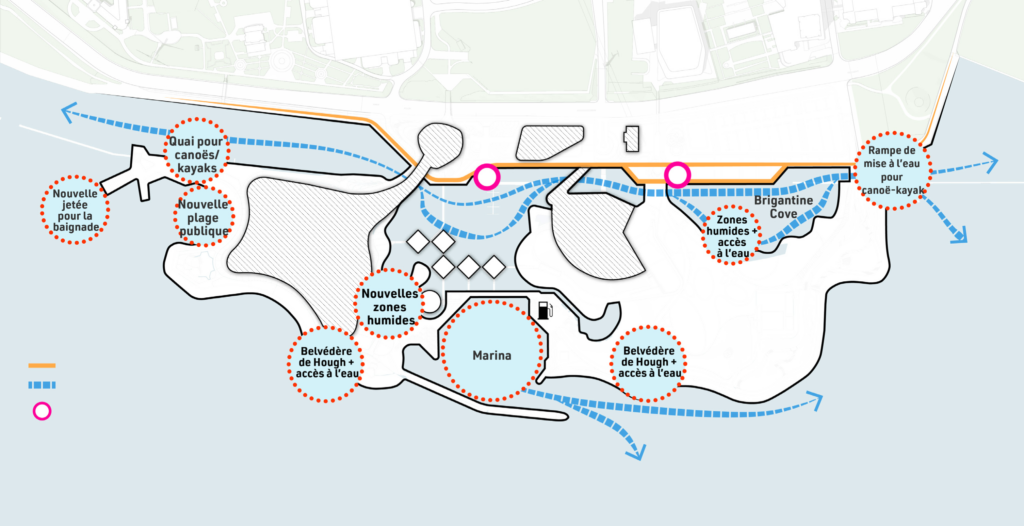 Plan de la Place de l’Ontario montrant l’accès à l’eau et au rivage et les promenades. 